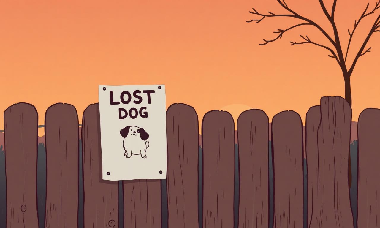 How to find a lost pet: a lost dog poster pinned to a wooden fence at sunset