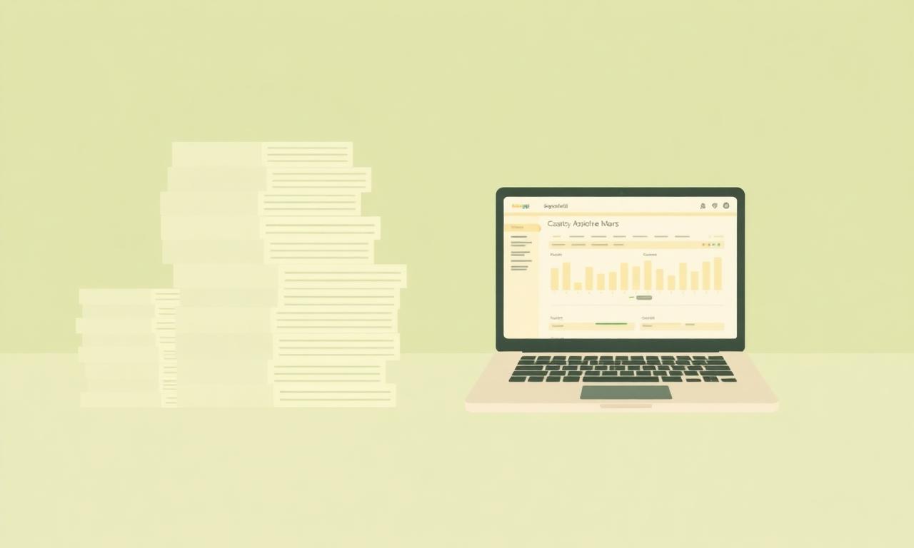 Stop using spreadsheets for animal rescue: a tall stack of paper spreadsheets next to a single clean rescue management dashboard on a laptop