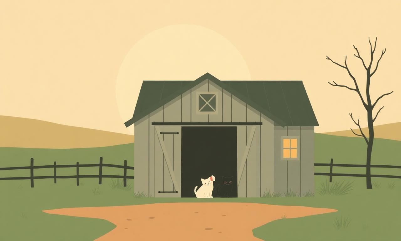 How to start an animal rescue: a small rescue barn at sunrise with a cat and dog waiting at the open door