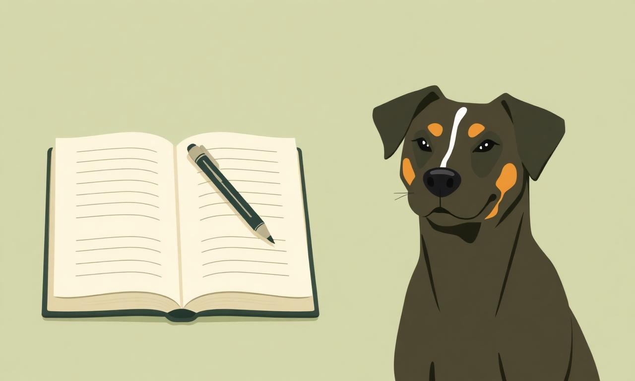 Writing pet adoption bios: an open notebook with a pen beside a friendly mixed-breed rescue dog ready to be described