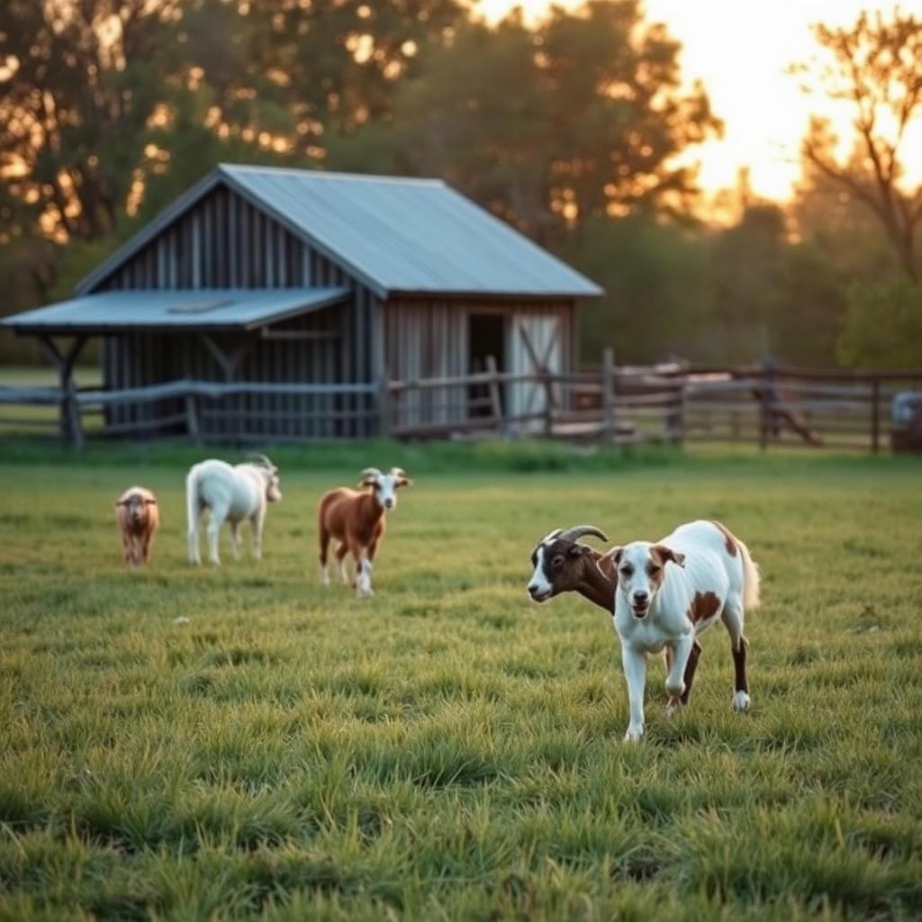 Animal sanctuary business plan: a small sanctuary barn at golden hour with rescued goats and a dog grazing in a fenced pasture