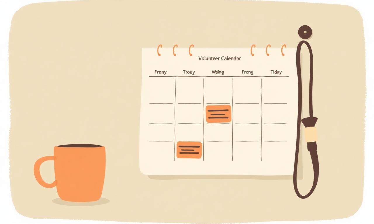 Shelter volunteer management: a shared volunteer shift calendar beside a coffee mug and a dog leash on a hook
