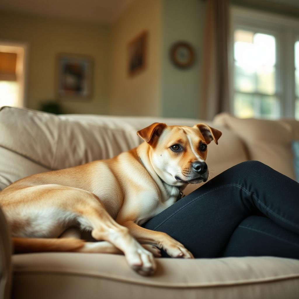 Foster-based rescue model: a foster volunteer at home with a rescued tan mixed-breed dog resting calmly beside them on a couch