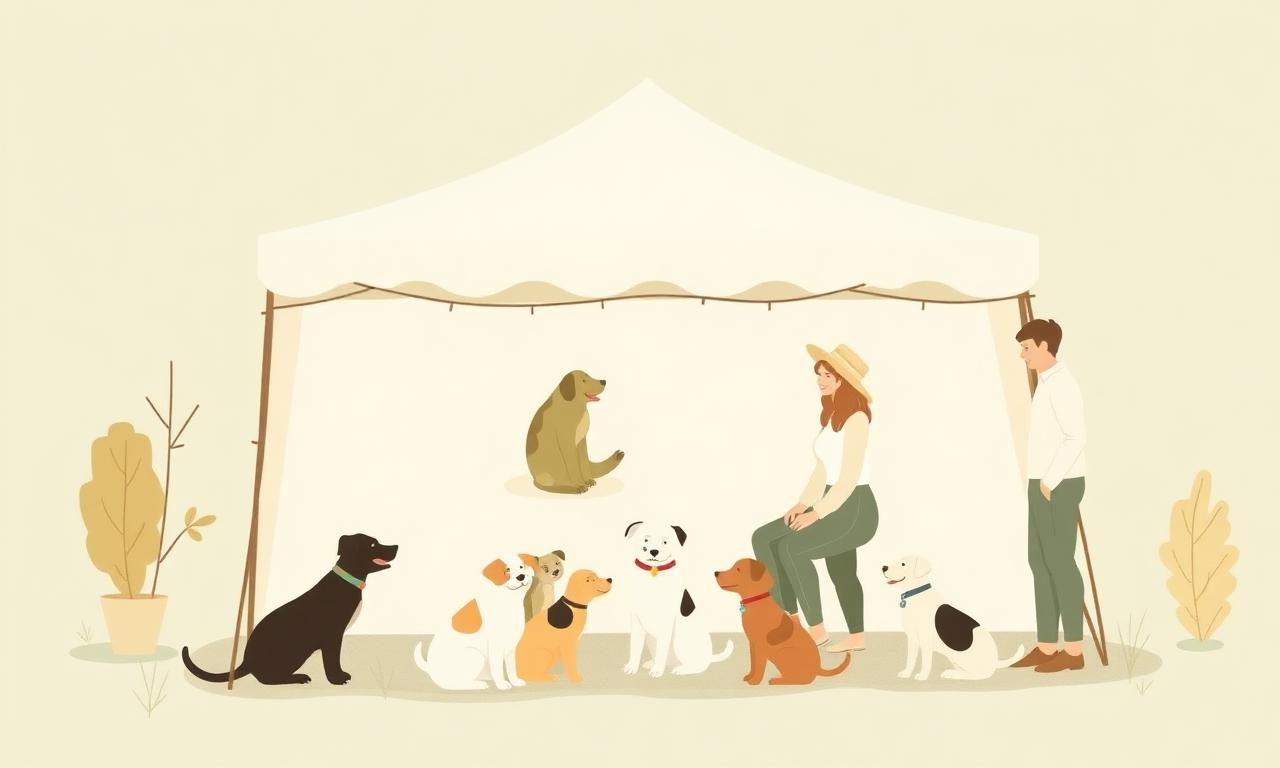 Adoption event planning: volunteers and adoptable rescue dogs greeting visitors under a tent at an outdoor pet adoption event