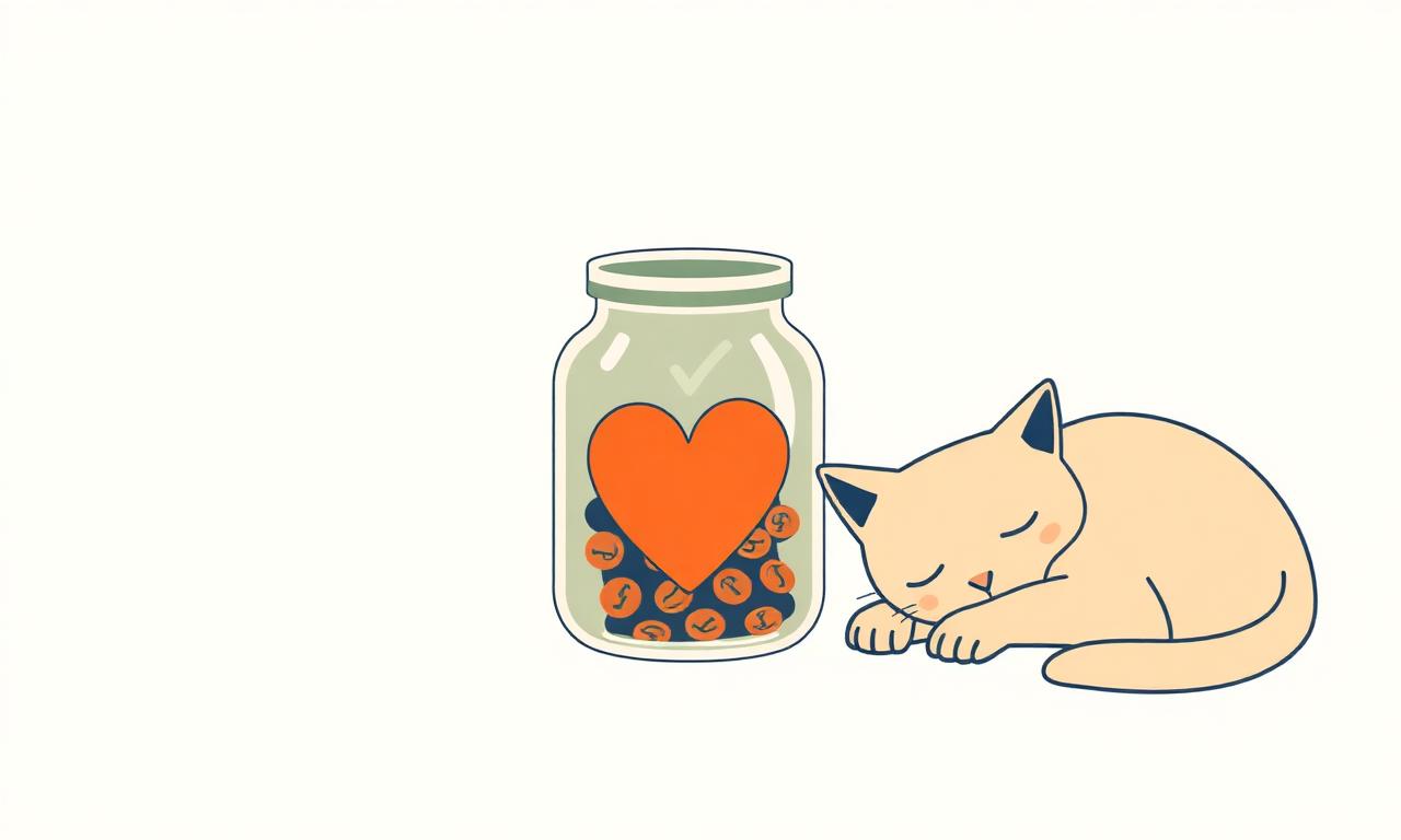 Animal rescue fundraising: a donation jar full of coins with a heart beside a sleeping shelter cat