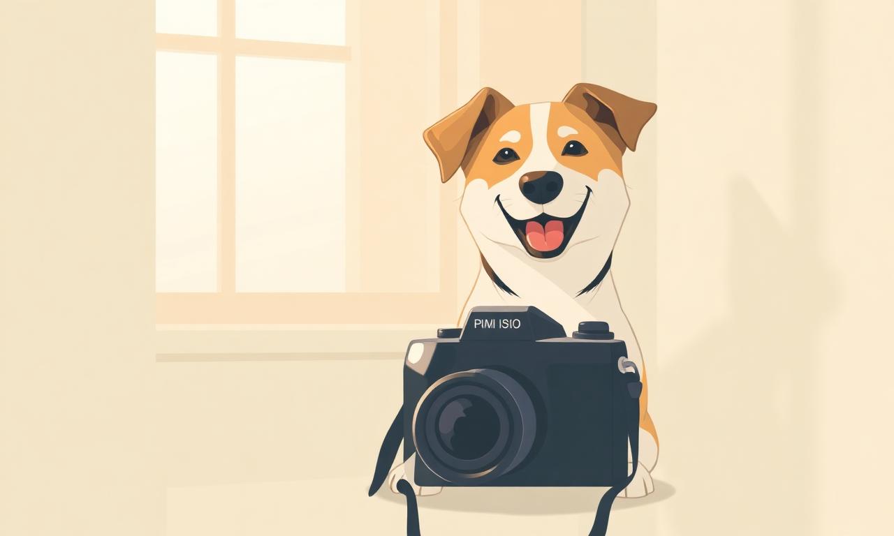 Shelter photography tips: a happy rescue dog posing beside a camera in soft natural window light
