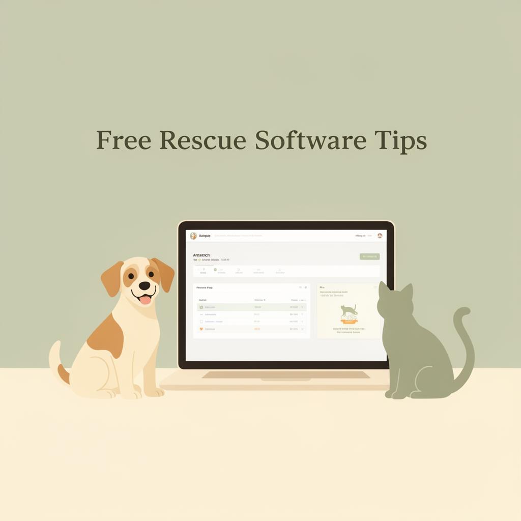 Free rescue software tips for small animal rescues: a friendly dog and cat beside a laptop showing a simple shelter management dashboard