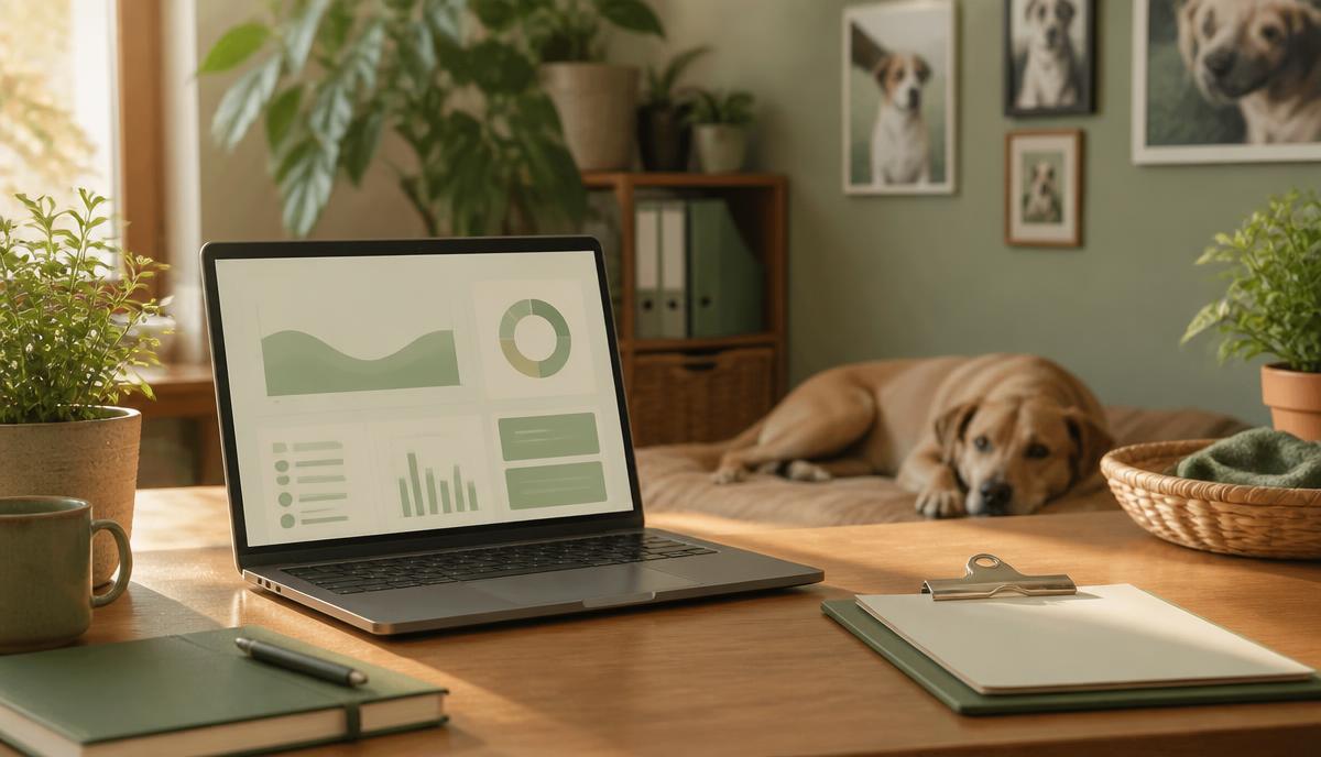 A rescue coordinator's desk with a laptop showing an animal rescue software dashboard and a dog resting nearby
