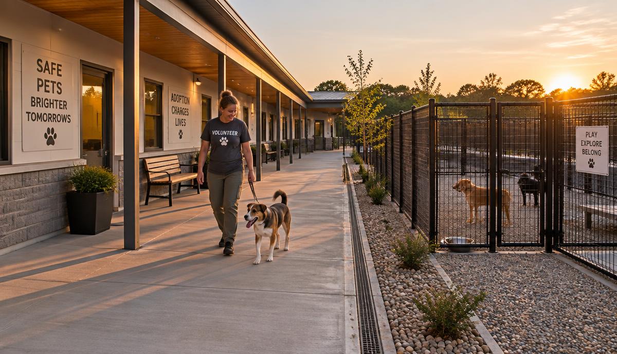 How to build an animal shelter: a newly built single-story kennel building with covered walkway, outdoor dog runs and trench drainage at golden hour