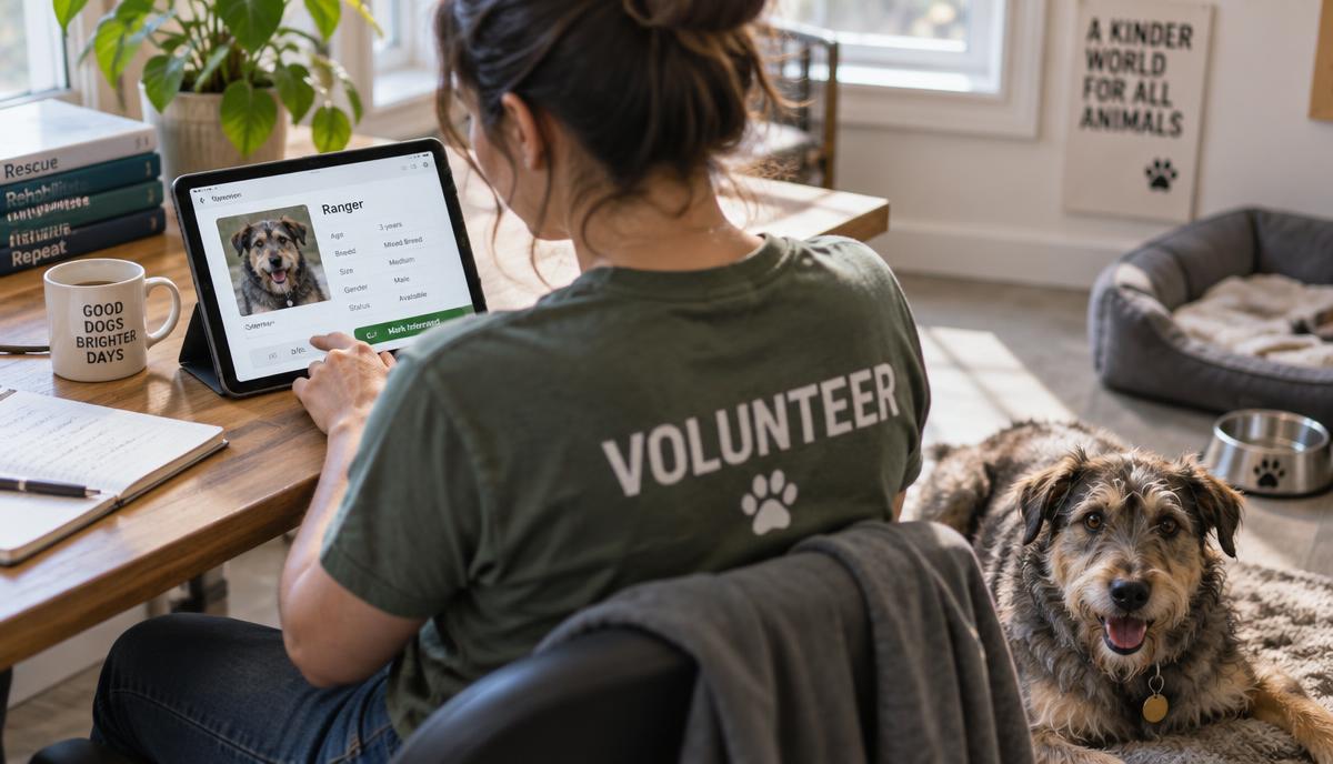 A rescue volunteer reviewing animal profiles on a tablet while a dog waits beside her